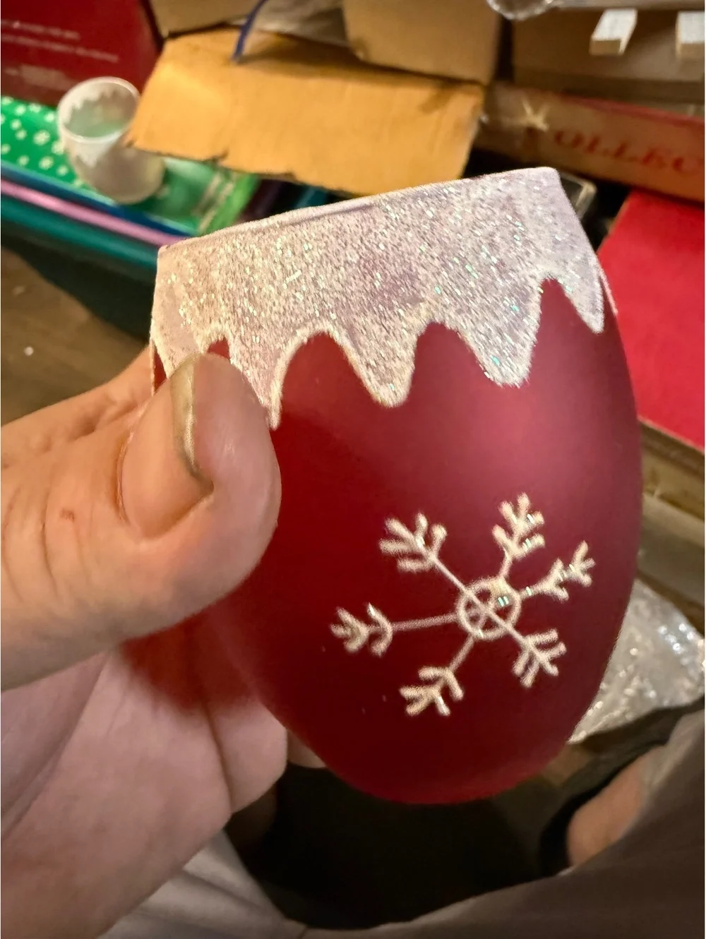 Red Frosted Glass Candle Holder with Snowflake Design